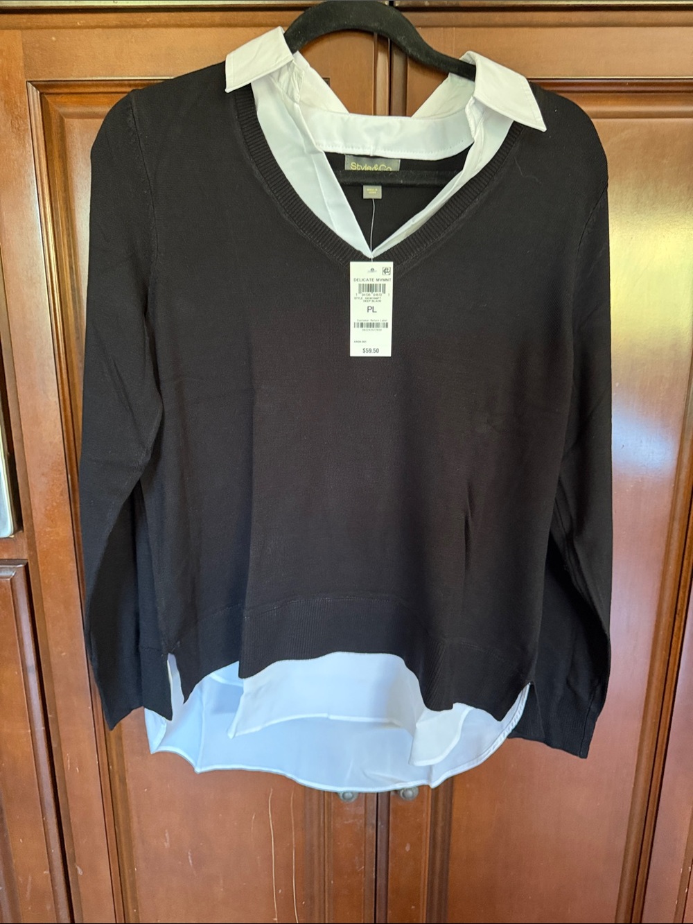 Black Layered V-Neck Sweater with White Shirt Hem